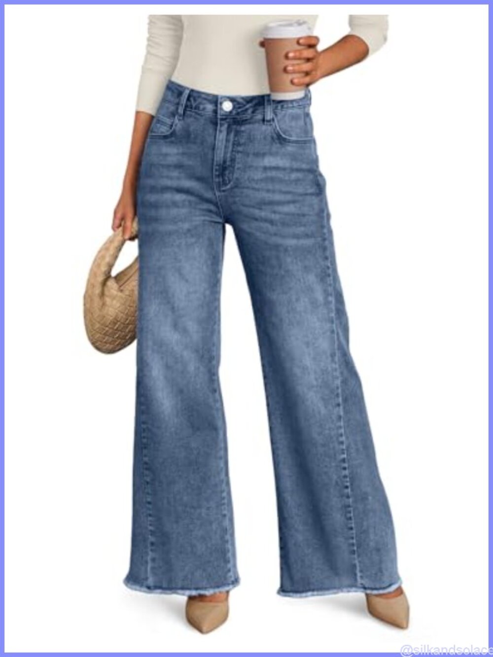 Wide Leg Jeans Mid Rise Relaxed Loose Raw Hem Cotton Blend Stretch